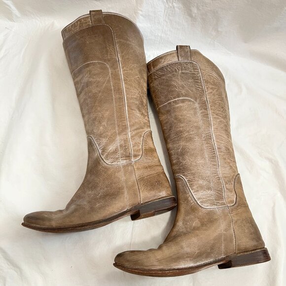 Frye Paige tall riding boots beige brown leather knee high pull on flat 9 womens - Picture 6 of 14